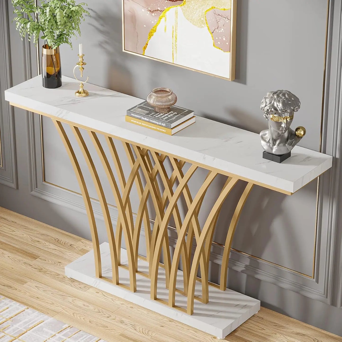 Little Tree Modern Console Table With Grid Metal Base Entryway