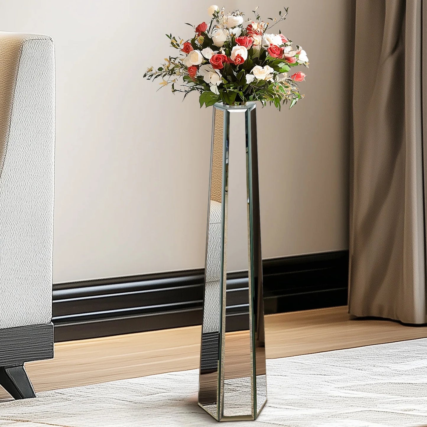 Crushed Diamond Mirrored Floor Vase Silver Glass Modern Decor