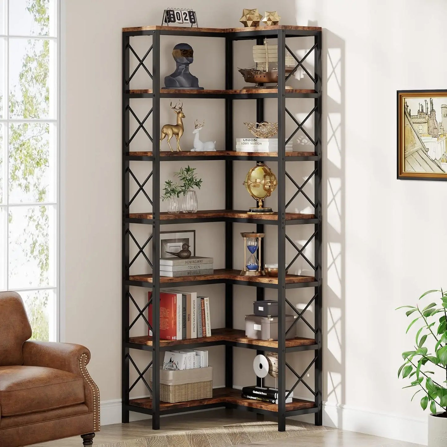 Little Tree 7 Tier Corner Bookcase With Open Metal Frame
