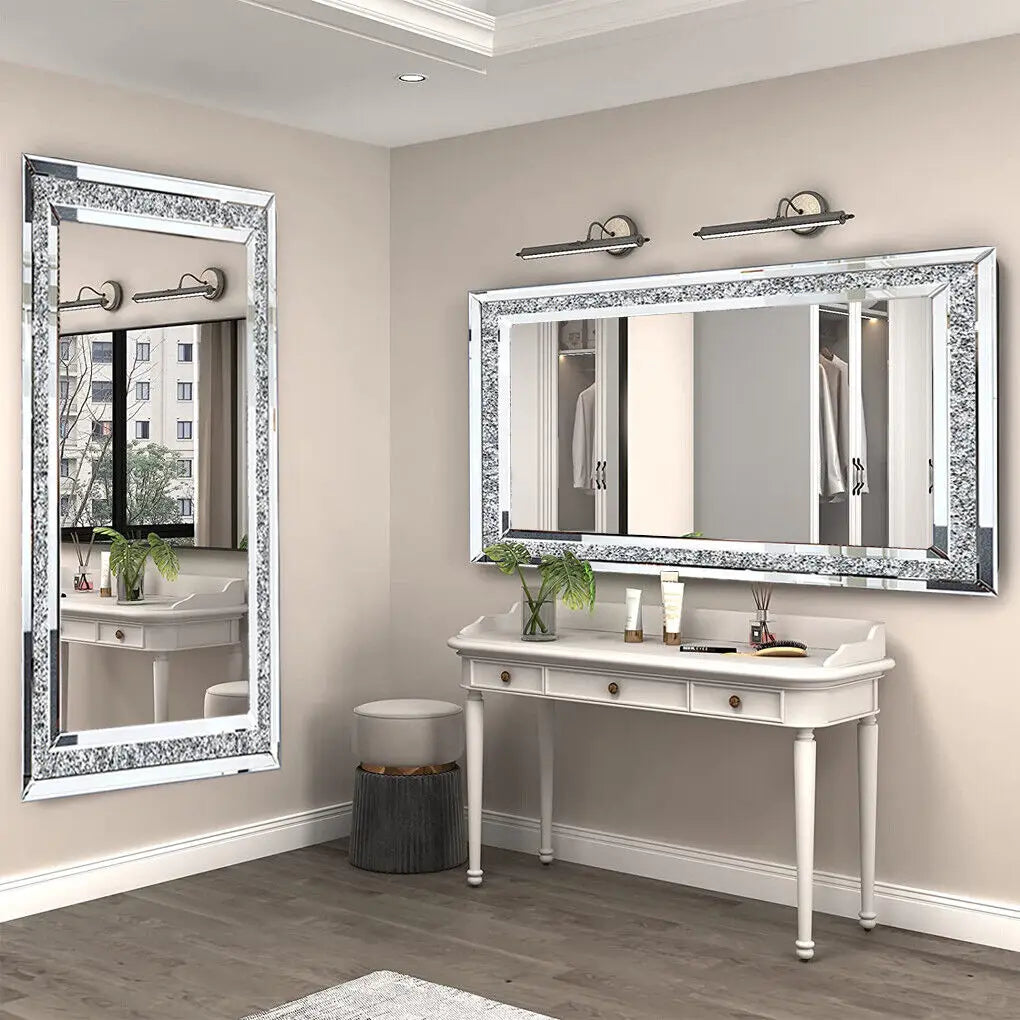 LUVODI Frameless Vanity Mirror With Sparkling Crystal Rhinestones Large Wall Mounted For Home And Hotel Decor