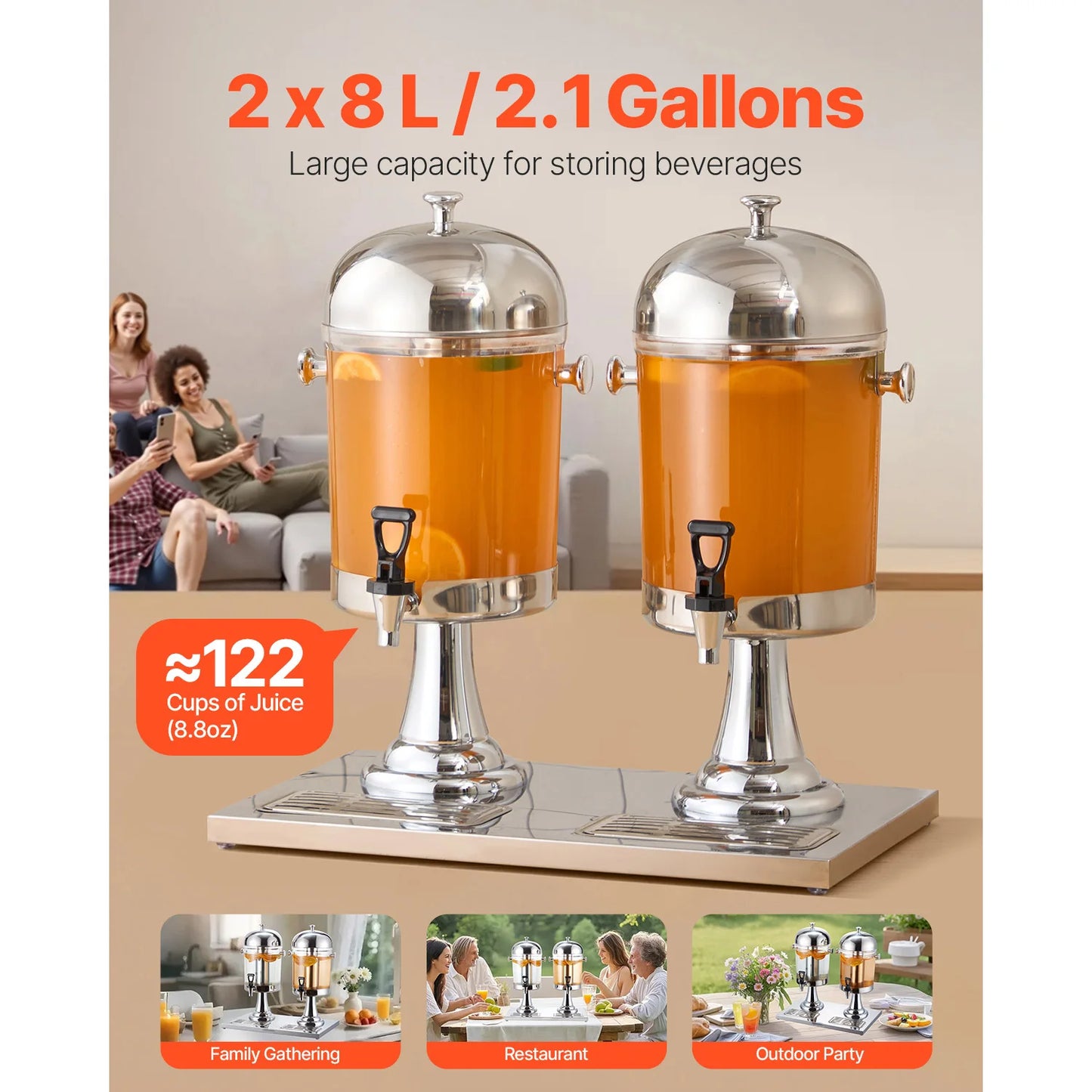 SucceBuy Dual 2.1 Gallon Beverage Dispenser Set Stainless Steel And Plastic With Spigot Chamber Tray For Restaurants