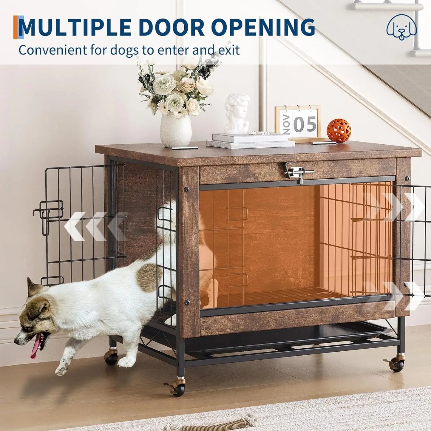 TWISTER.CK Indoor Wooden Dog Crate Furniture 26 Inch Double Door with Wheels Removable Tray for Small Dogs
