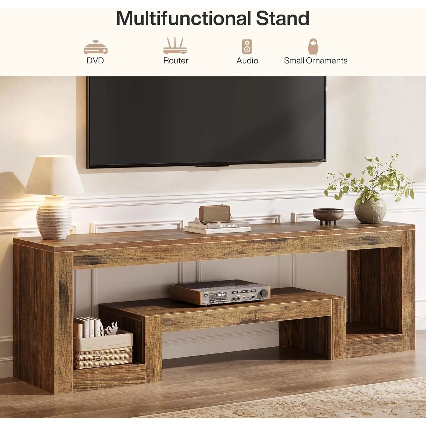 Little Tree Farmhouse TV Stand With Open Storage Shelves