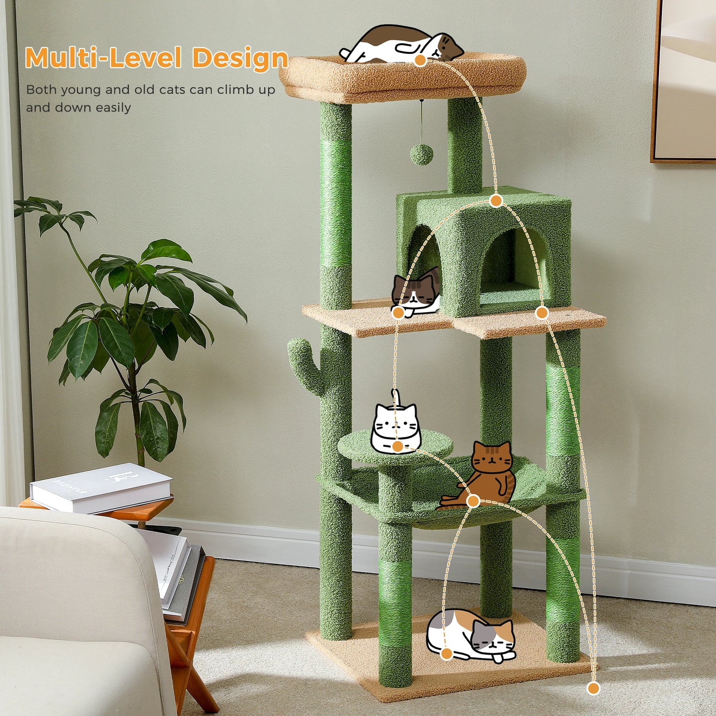 PAWZ Road Pink Multi Level Cat Tree For Indoor Cats With Large Hammock Sisal Scratching Posts Cozy Condo And Top Perch