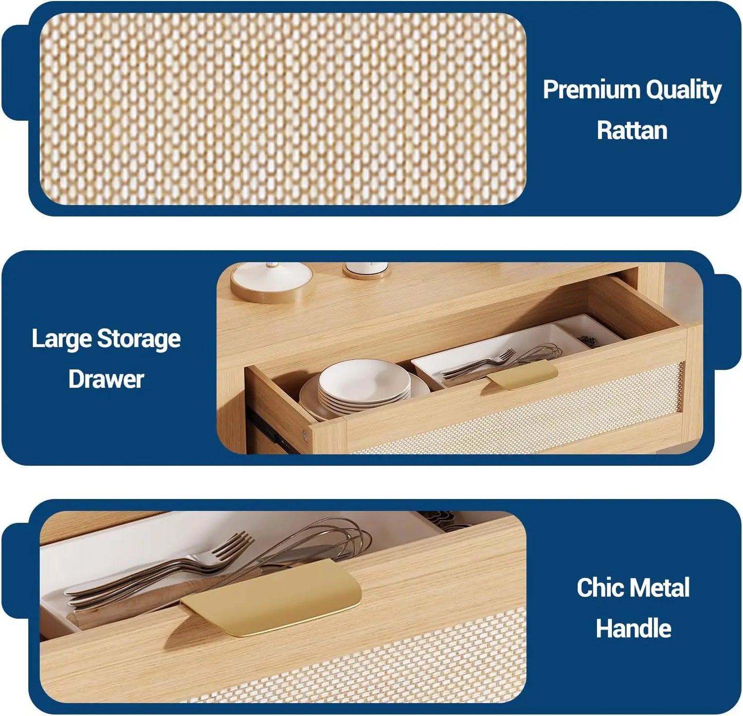 Twister.CK Rattan Sideboard Buffet Cabinet Farmhouse Natural Storage With Drawer And Adjustable Shelf For Living Room