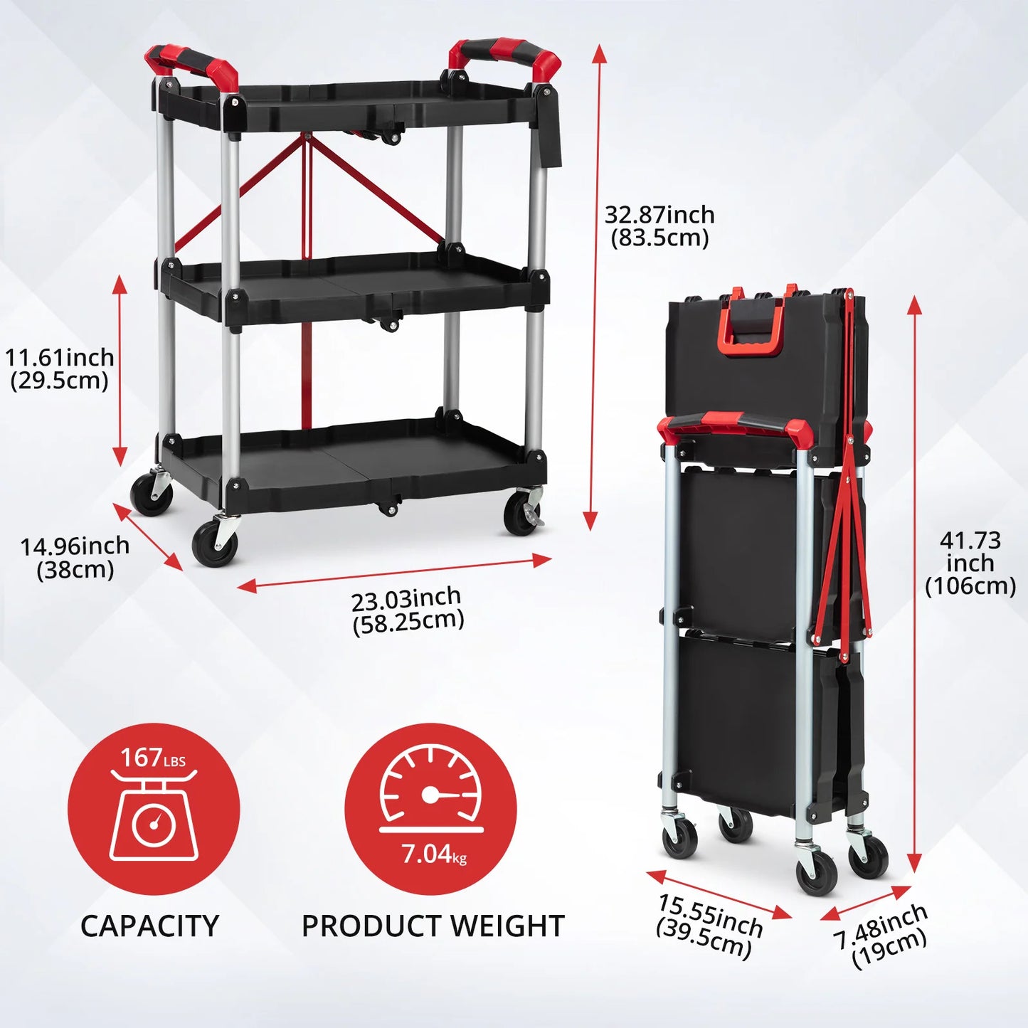 TWISTER.CK Three Tier Foldable Utility Cart With Locking Wheels