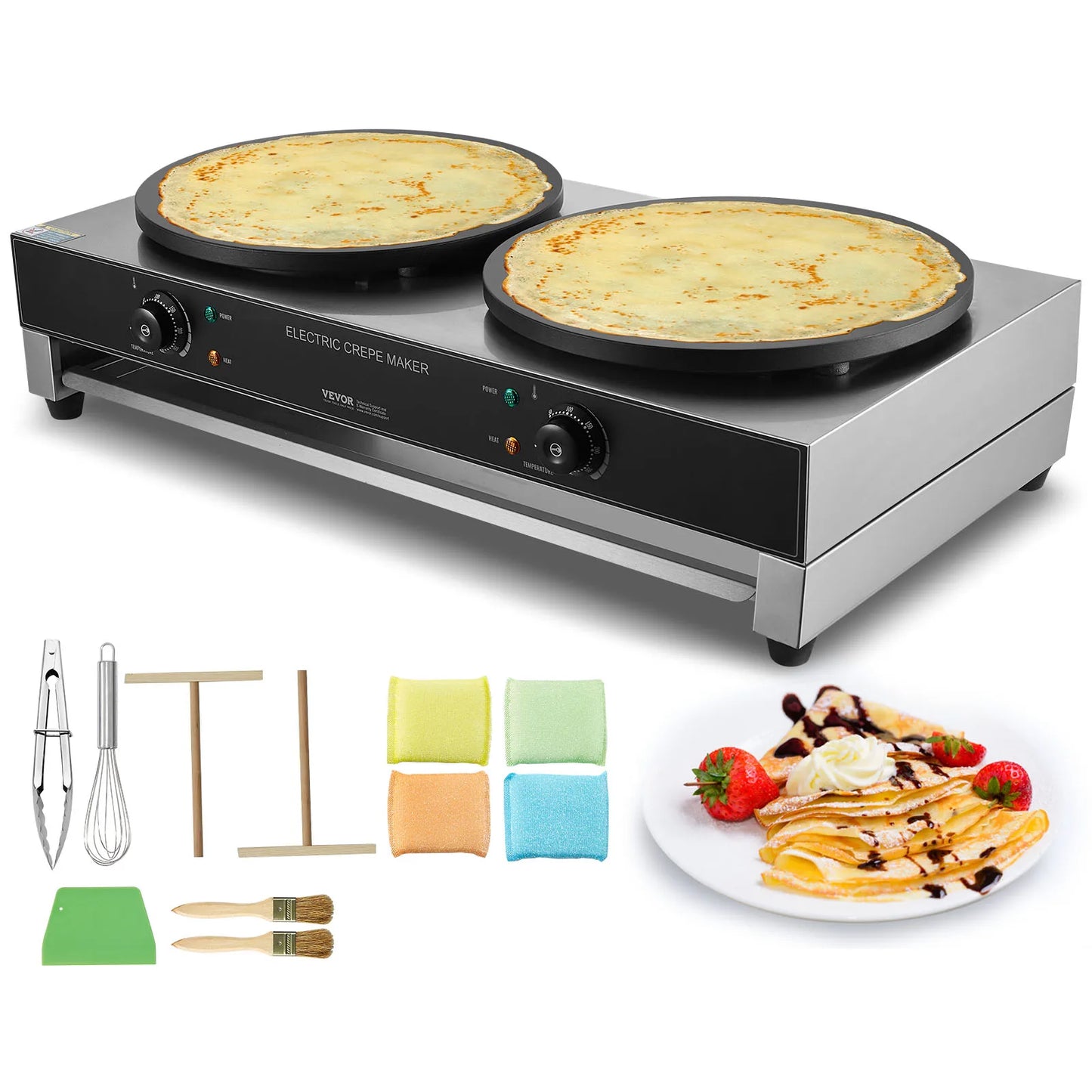 SucceBuy Commercial Crepe Maker 16 Inch Double Head For Foodservice With Temperature Control Nonstick Plate