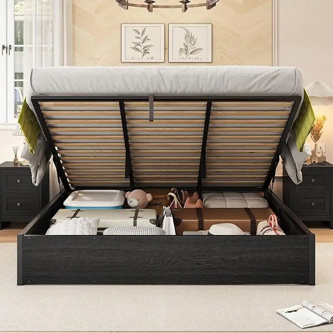 Lift Up Storage Bed Frame With Solid Wood Slats Platform