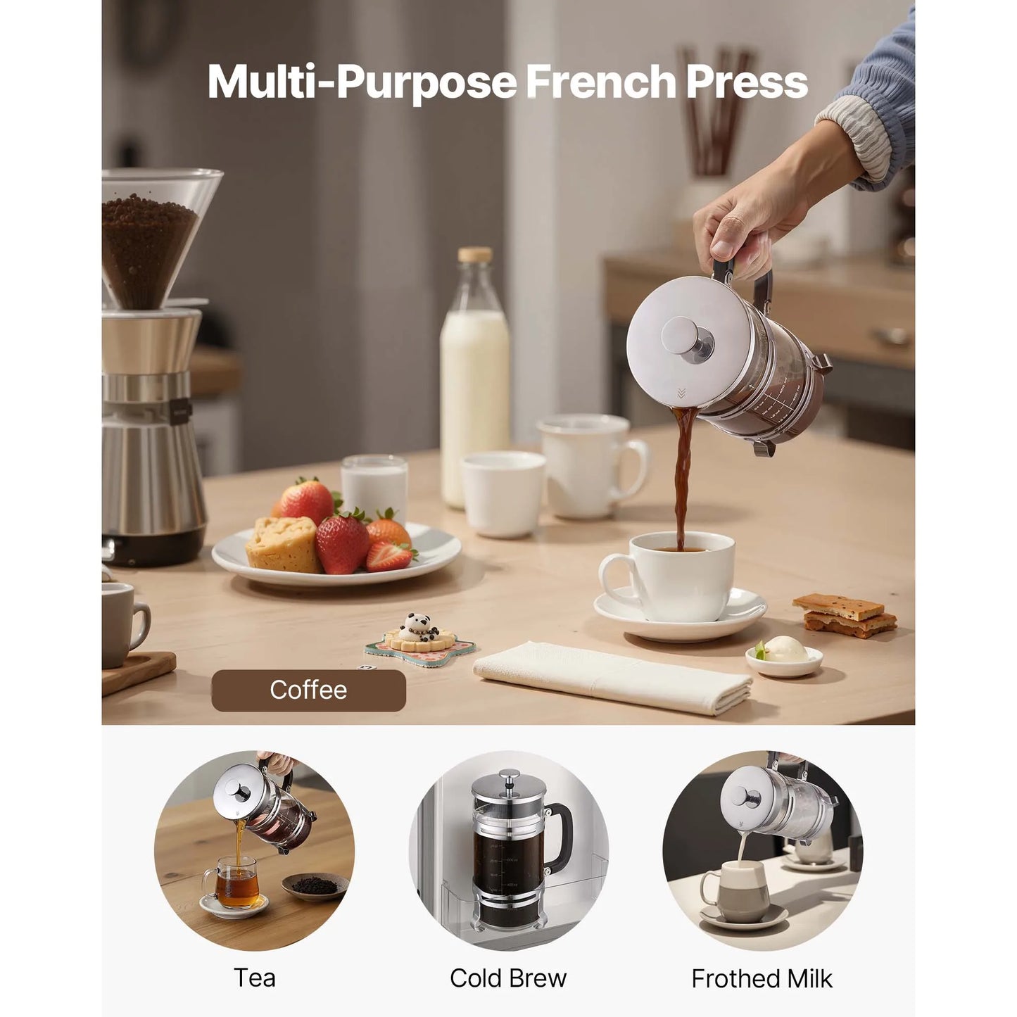 SucceBuy French Press Coffee Maker Portable Borosilicate Glass 34 Oz 1L With Stainless Steel Filter Camping Travel Home