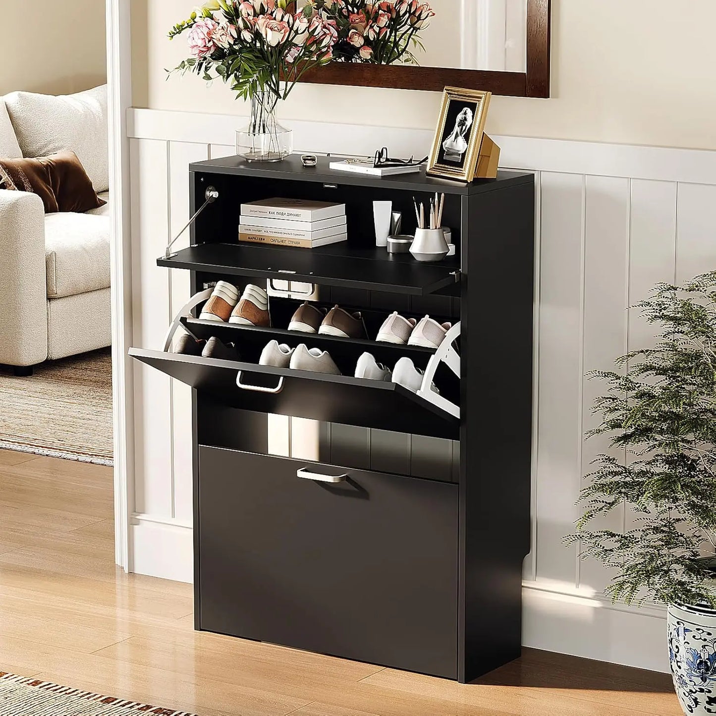 Ultra Slim Entryway Shoe Cabinet With Flip Drawers And Drop Down