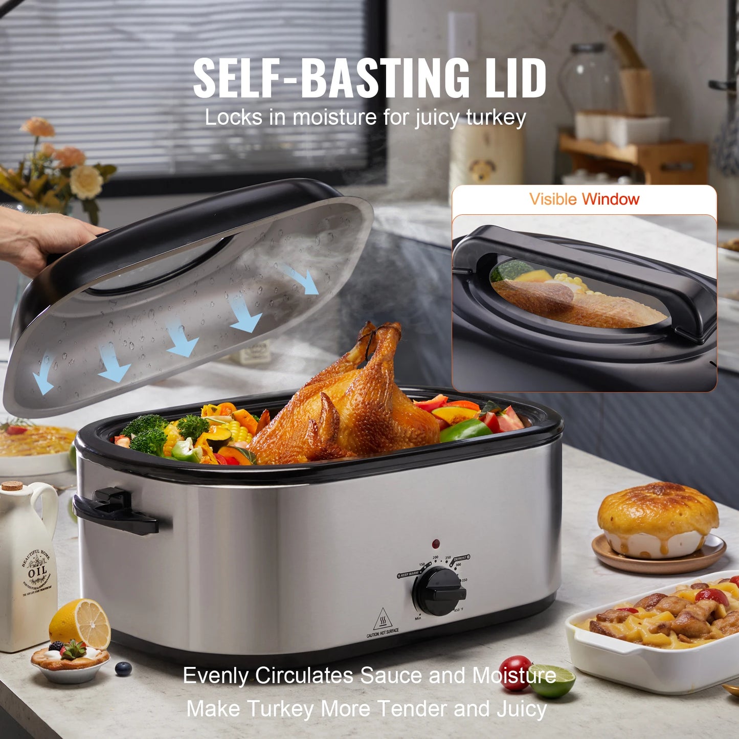 SucceBuy 24 Qt Electric Roaster Oven With Self Basting Lid 1450W Defrost And Warm For Busy Family Cooks