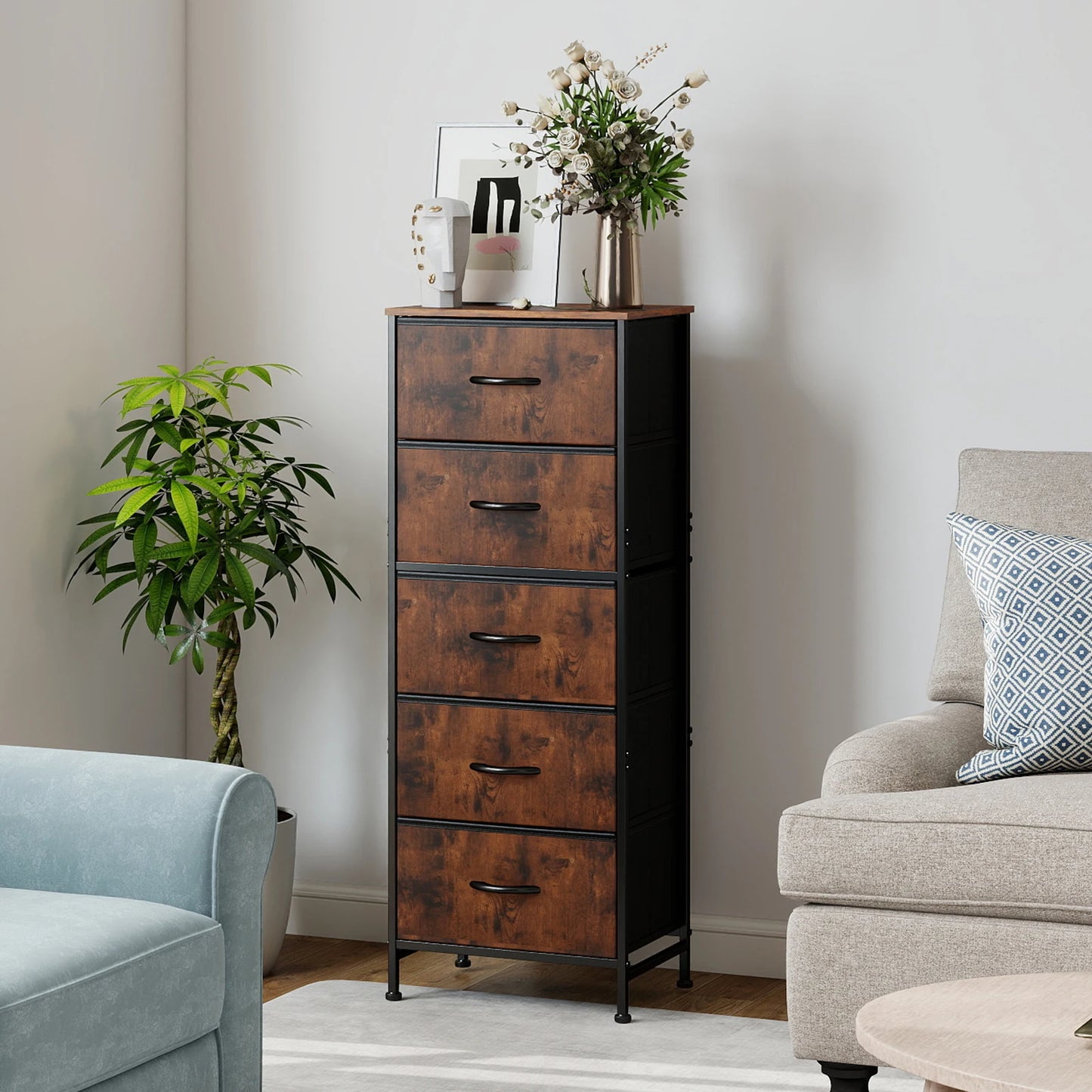 JHK Modern Dresser With 5 Fabric Drawers And Steel Frame