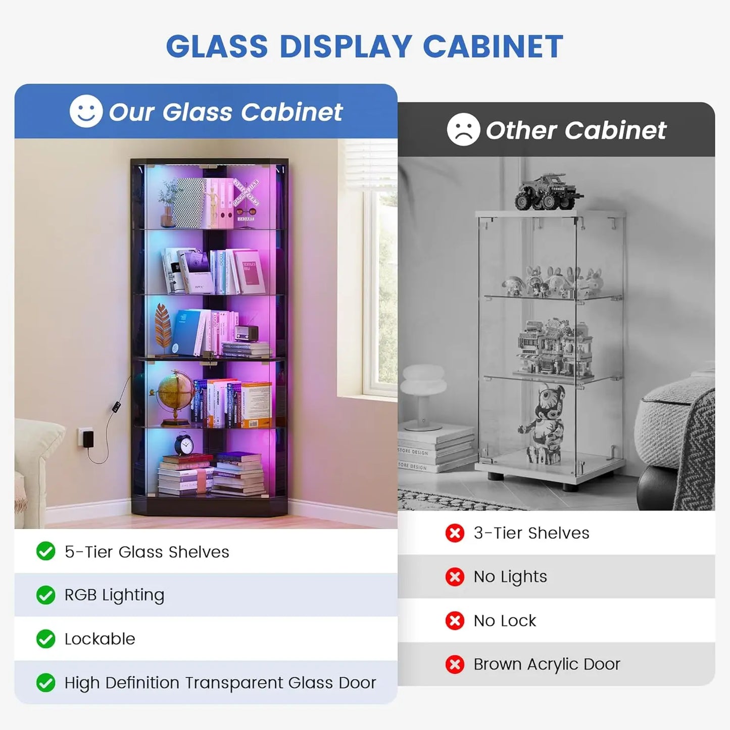 ZHILU Corner Display Cabinet With RGB Lights And Lock