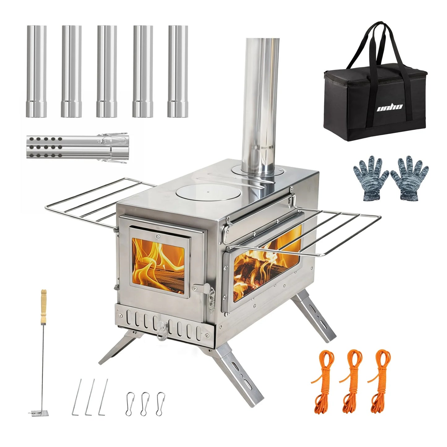 Portable Camping Wood Stove Stainless Steel With 7 Chimney Pipes