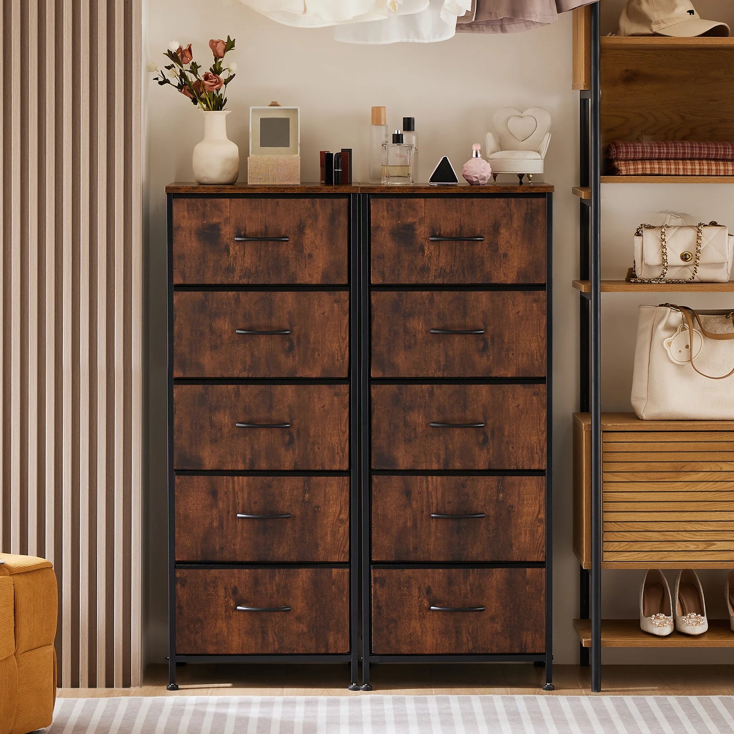 JHK Modern Dresser With 5 Fabric Drawers And Steel Frame