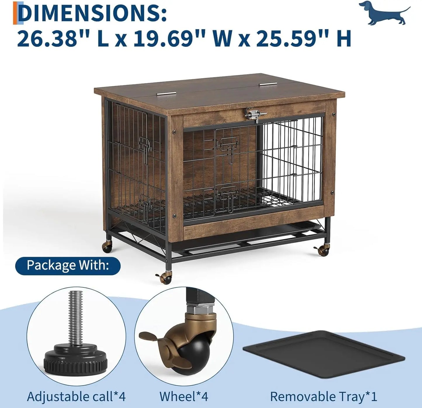 TWISTER.CK Indoor Wooden Dog Crate Furniture 26 Inch Double Door with Wheels Removable Tray for Small Dogs