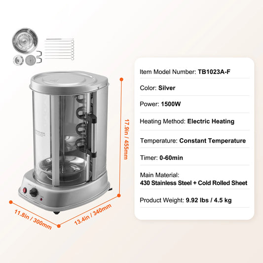 SucceBuy Electric Shawarma Grill Machine 1500W Stainless Steel Rotisserie Gyro Doner Kebab Oven For Home Use