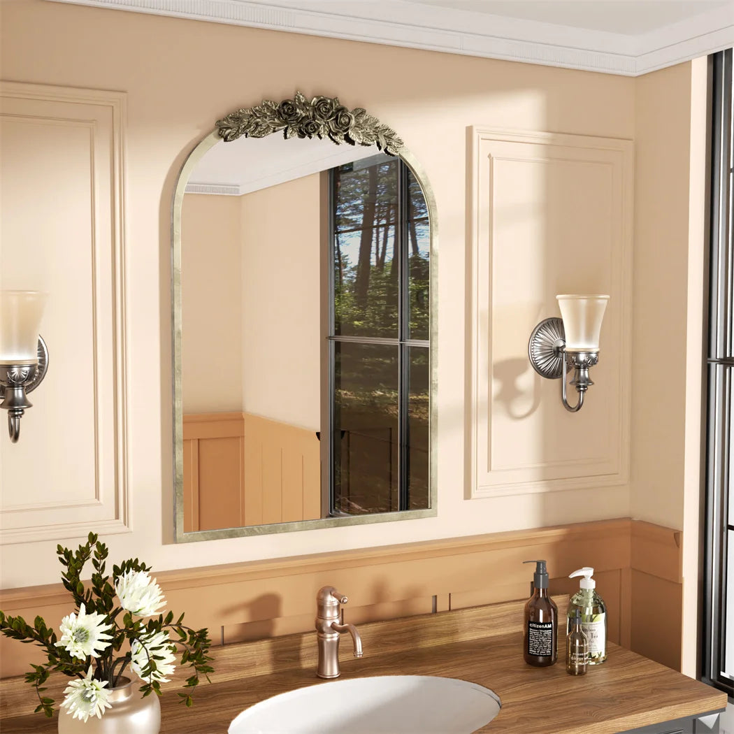 LUVODI Elegant Antique Brass Arched Wall Mirror With Resin Rose Pattern For Entryway And Living Room