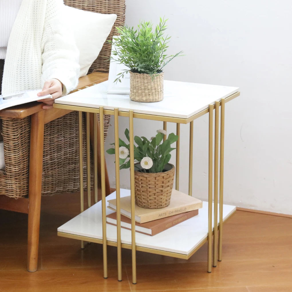 Two Tier Square Side Table With Metal Gold Frame And Sintered Stone Top
