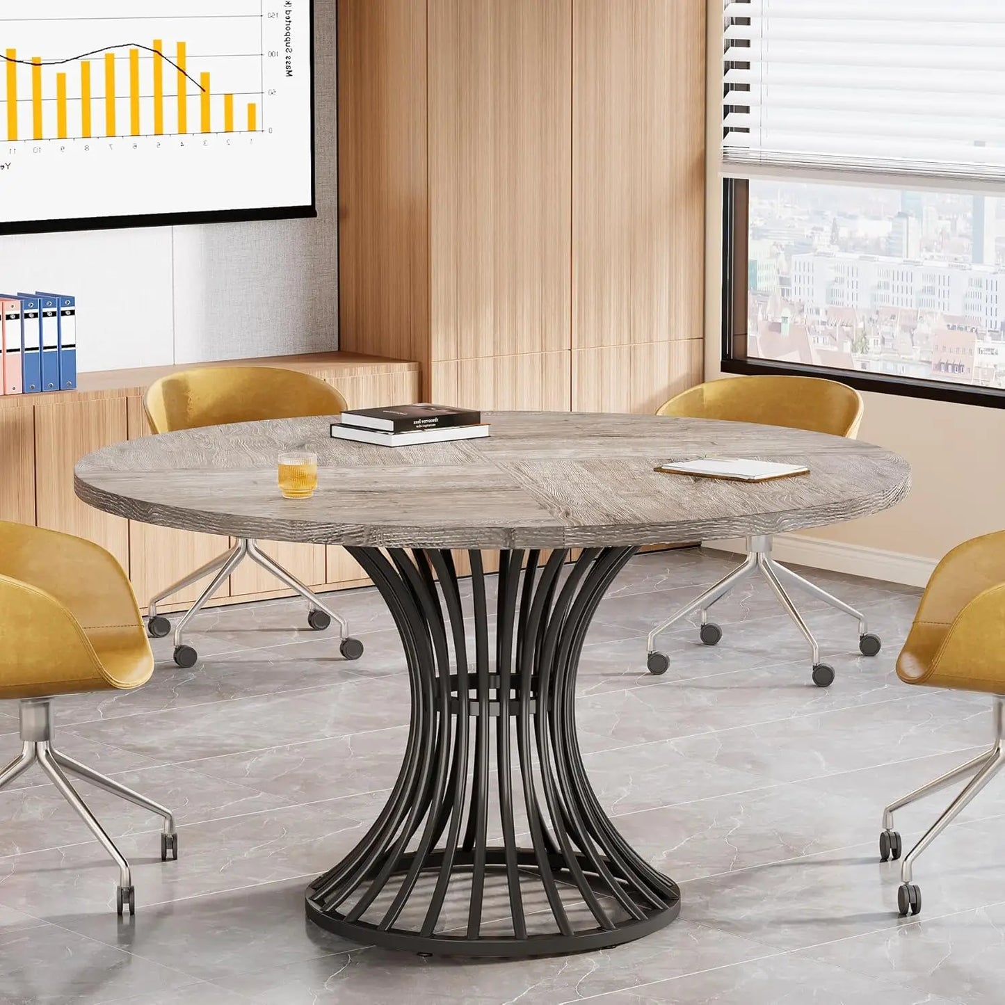 LITTLE TREE Round Conference Table For 4-6 With Metal Base