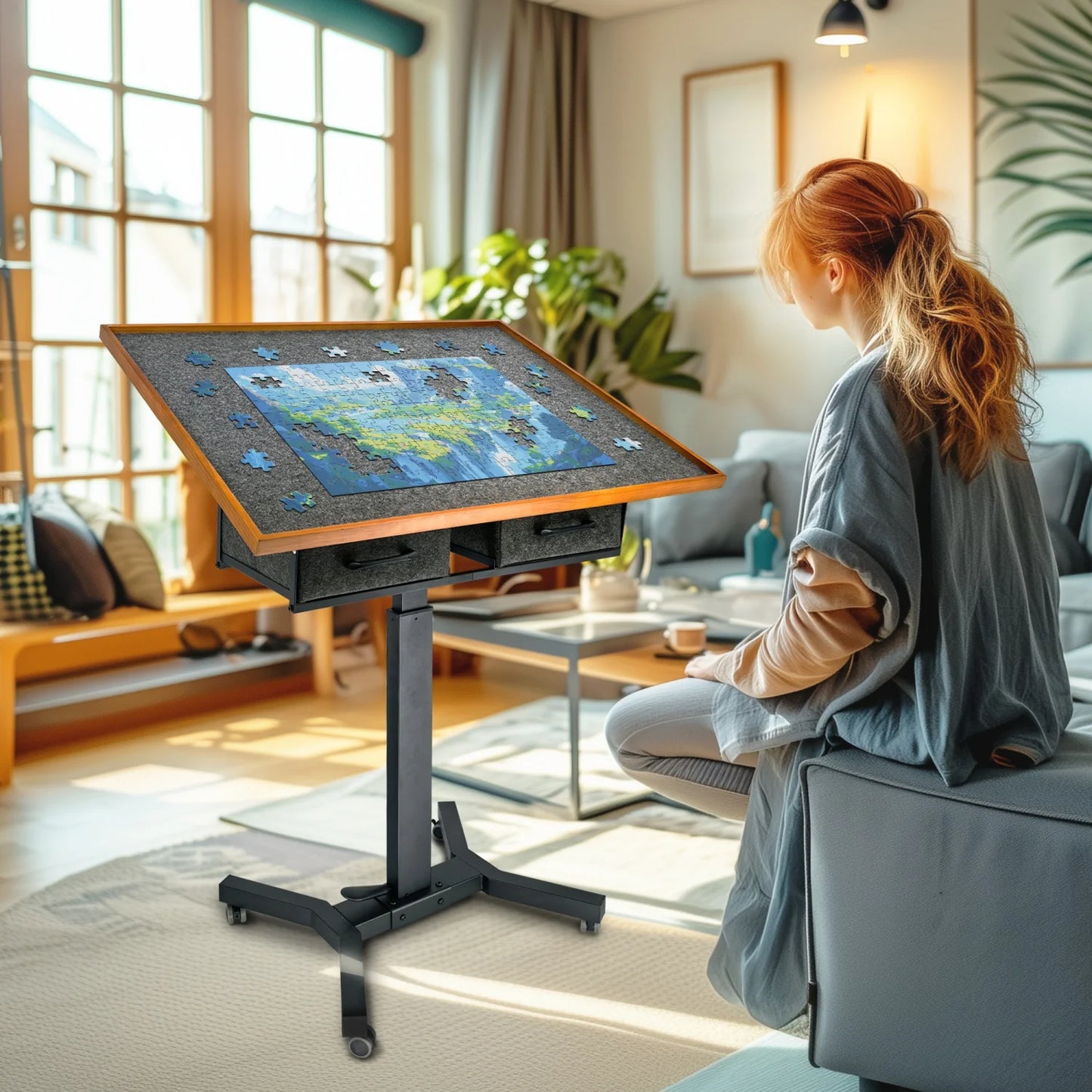 Jigsaw Puzzle Table For Adults With Adjustable Tilt, Wheels, Storage Drawers