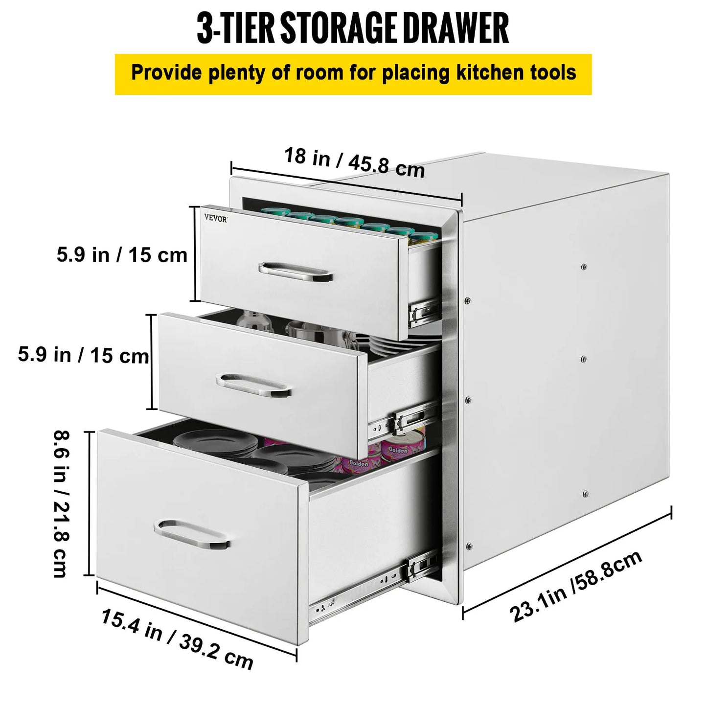 SucceBuy Stainless Steel Outdoor Kitchen Drawer With Handle Triple Layer Storage For BBQ Island