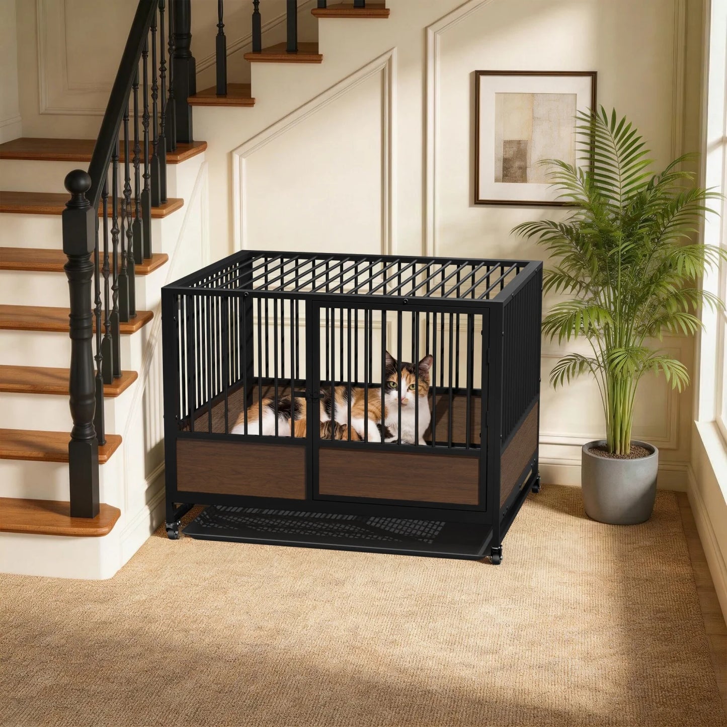 BINGOPAW Heavy Duty Dog Crate On Wheels With Removable Tray