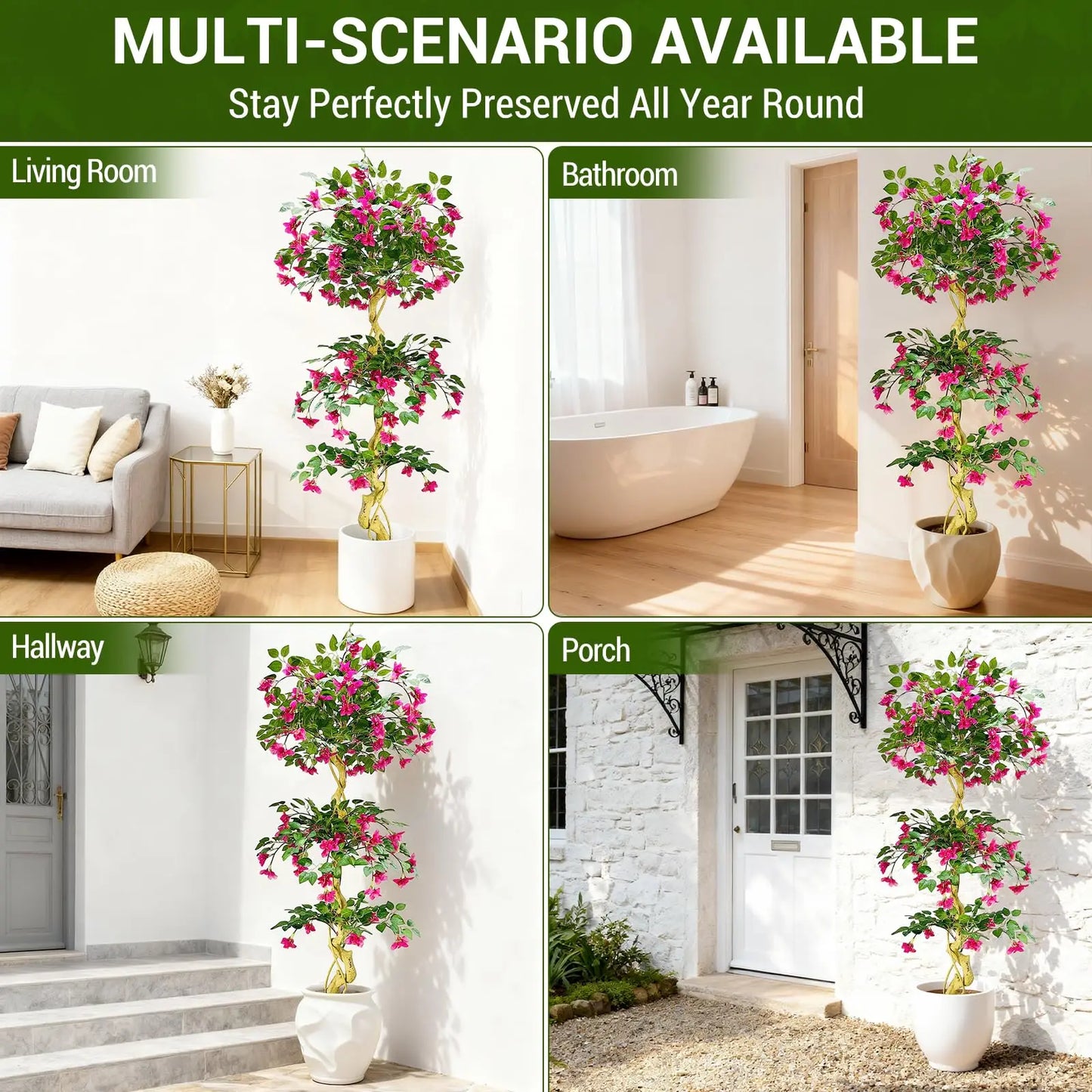 HiMISSCN Artificial Bougainvillea Tree With White Pot Lifelike Silk Foliage For Indoor Outdoor Decor Home Office Wedding