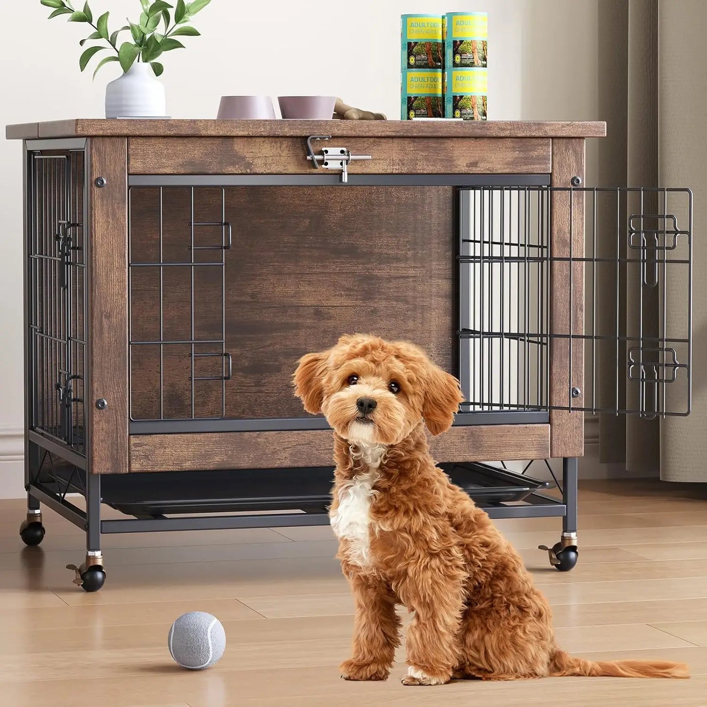 TWISTER.CK Indoor Wooden Dog Crate Furniture 26 Inch Double Door with Wheels Removable Tray for Small Dogs
