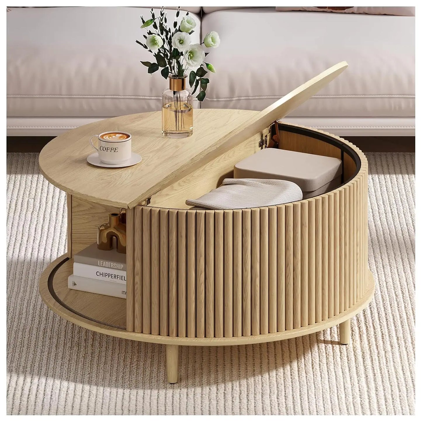 Round Coffee Table With Hidden Slidable Storage Door Modern Walnut