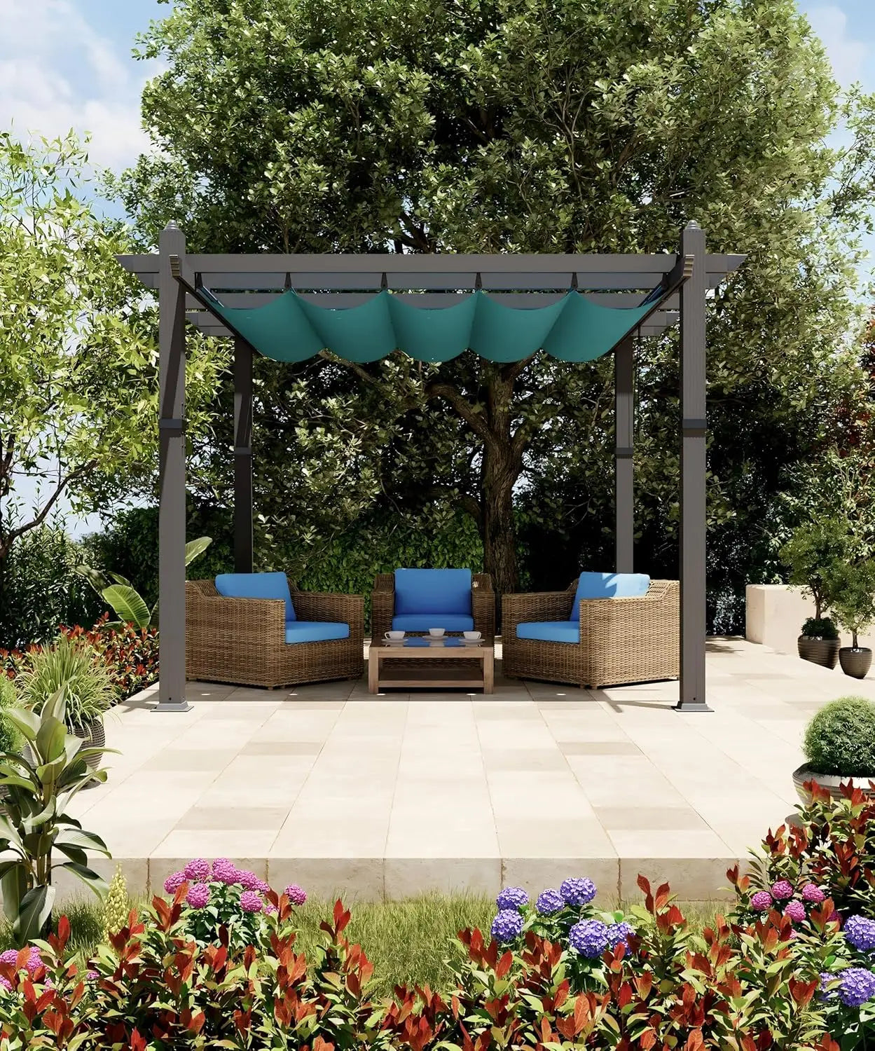 Aluminum Pergola With Retractable Canopy Wood Grain Waterproof UPF50 Patio