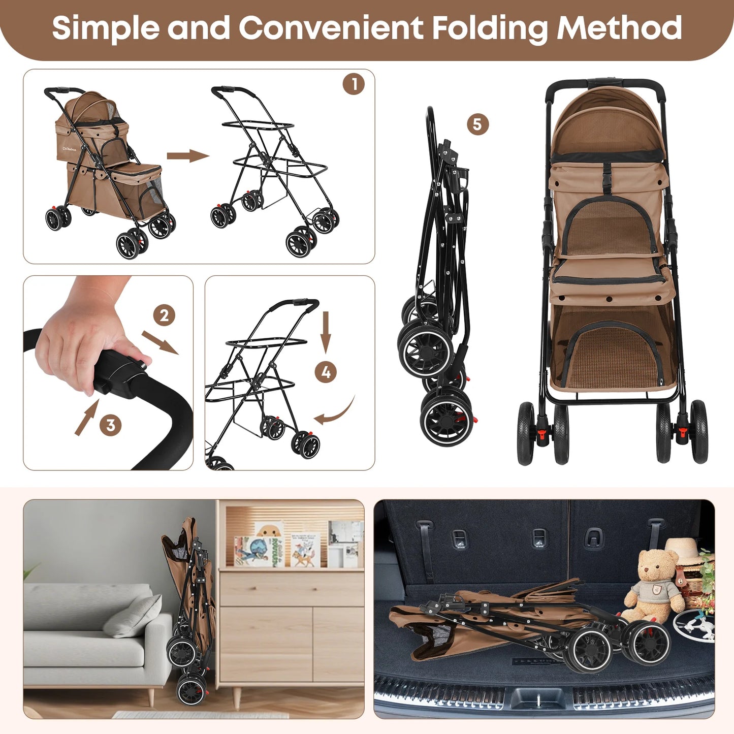CHIHUAHUA Foldable Double Pet Stroller With Detachable Carriers Safety Belts