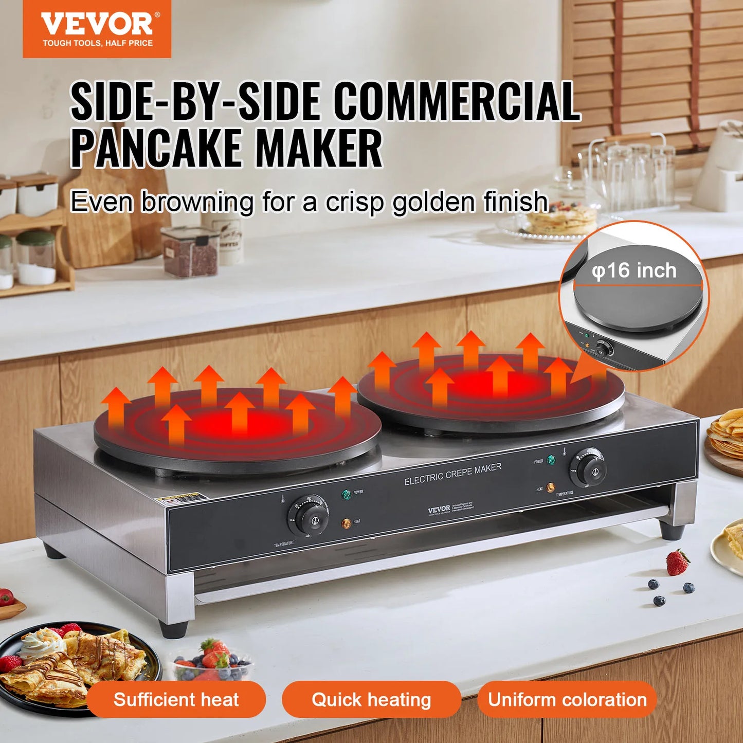 SucceBuy Commercial Crepe Maker 16 Inch Double Head For Foodservice With Temperature Control Nonstick Plate