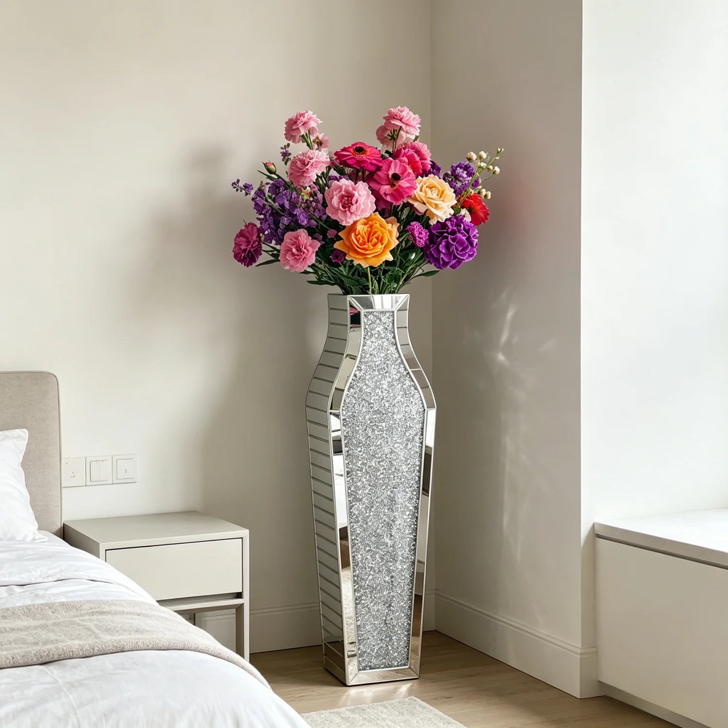 Crushed Diamond Mirrored Floor Vase Silver Glass Modern Decor