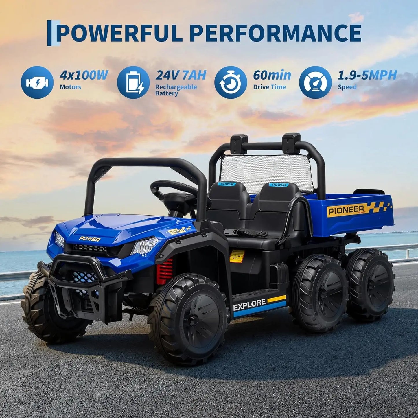 Powerful 24V 4WD Dual Seater Ride On Dump Truck With Remote Dump Bed Music For Boys And Girls