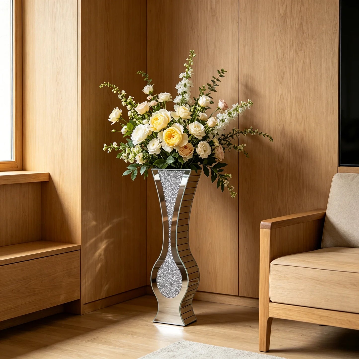 Crushed Diamond Mirrored Floor Vase Silver Glass Modern Decor