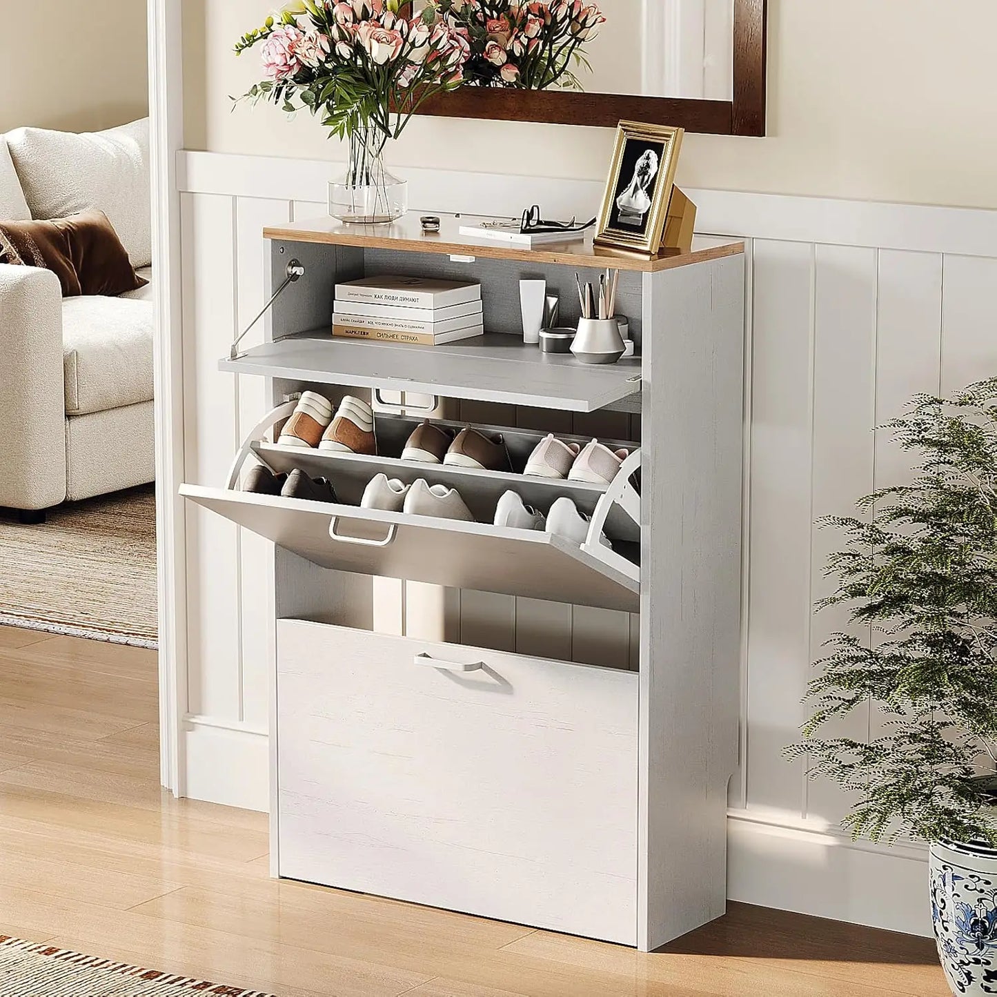 Ultra Slim Entryway Shoe Cabinet With Flip Drawers And Drop Down