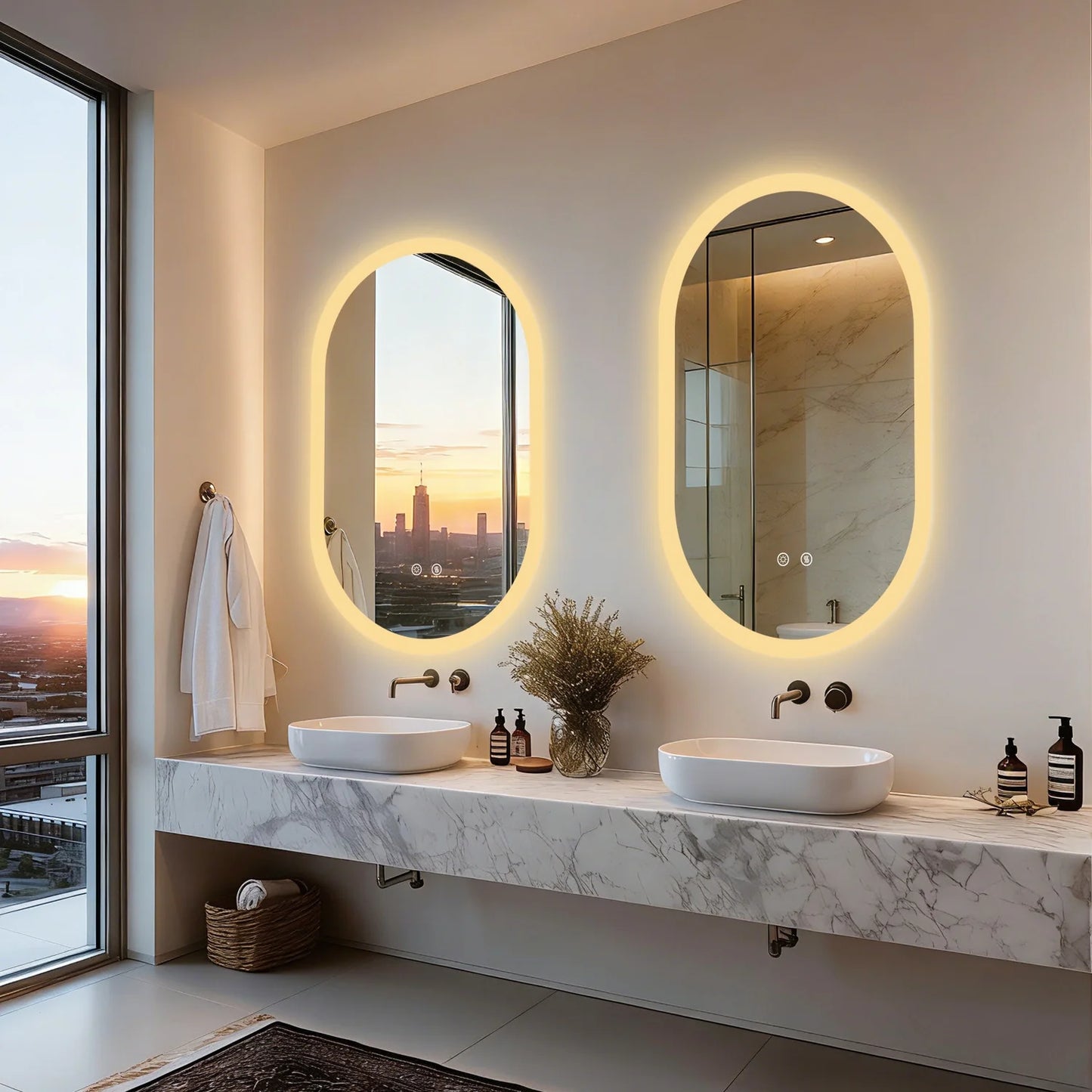 Illuminated Oval Bathroom Mirror With Backlit Tempered Glass Antifog Makeup