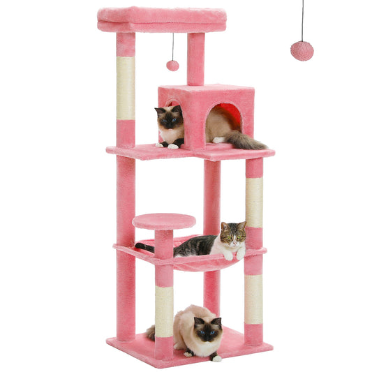 PAWZ Road Pink Multi Level Cat Tree For Indoor Cats With Large Hammock Sisal Scratching Posts Cozy Condo And Top Perch