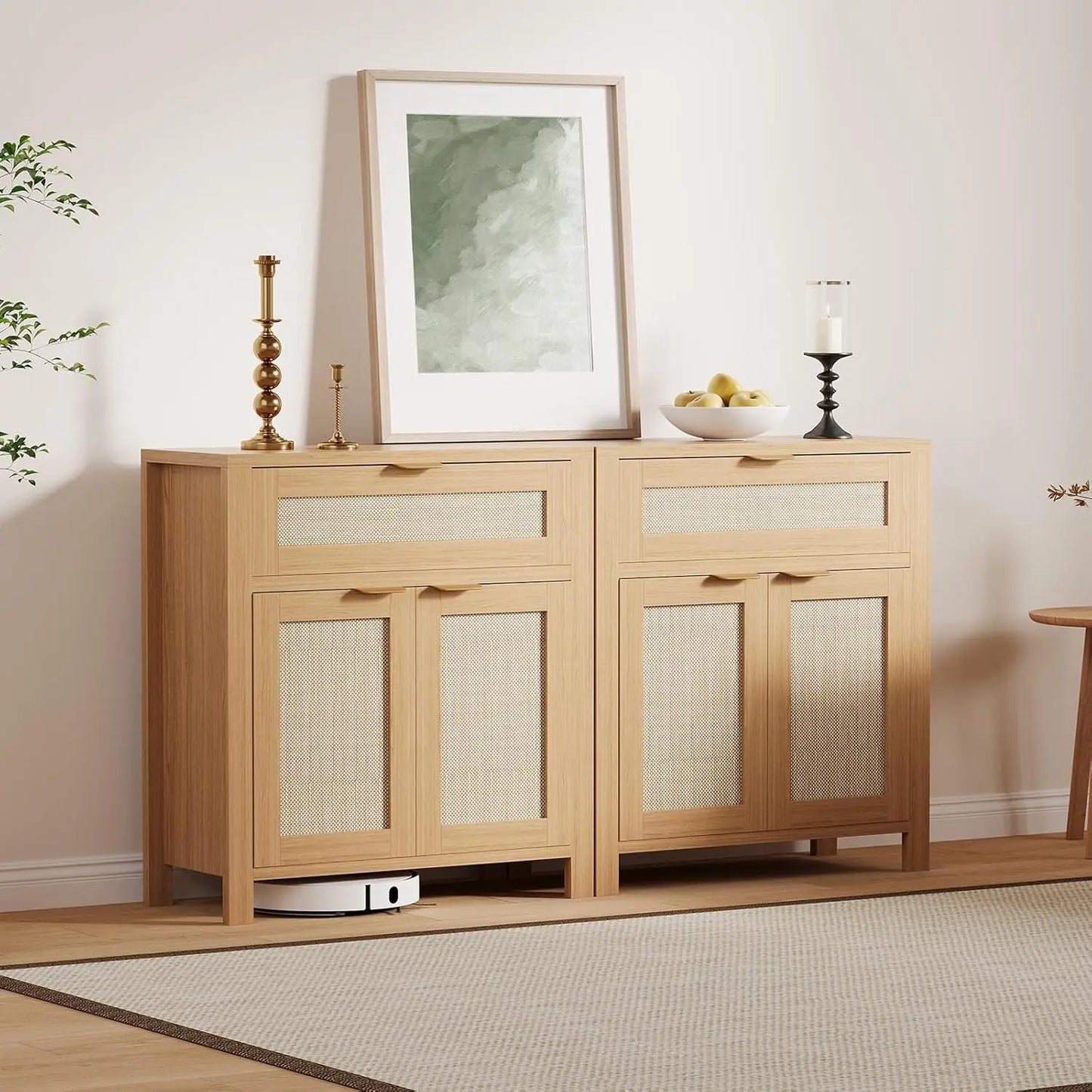 Twister.CK Rattan Sideboard Buffet Cabinet Farmhouse Natural Storage With Drawer And Adjustable Shelf For Living Room