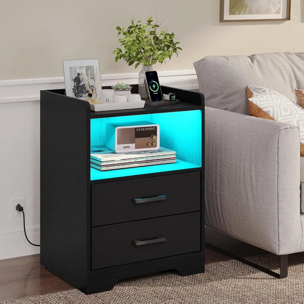 Stand Set of 2 Nightstands With LED Lighting and Charging