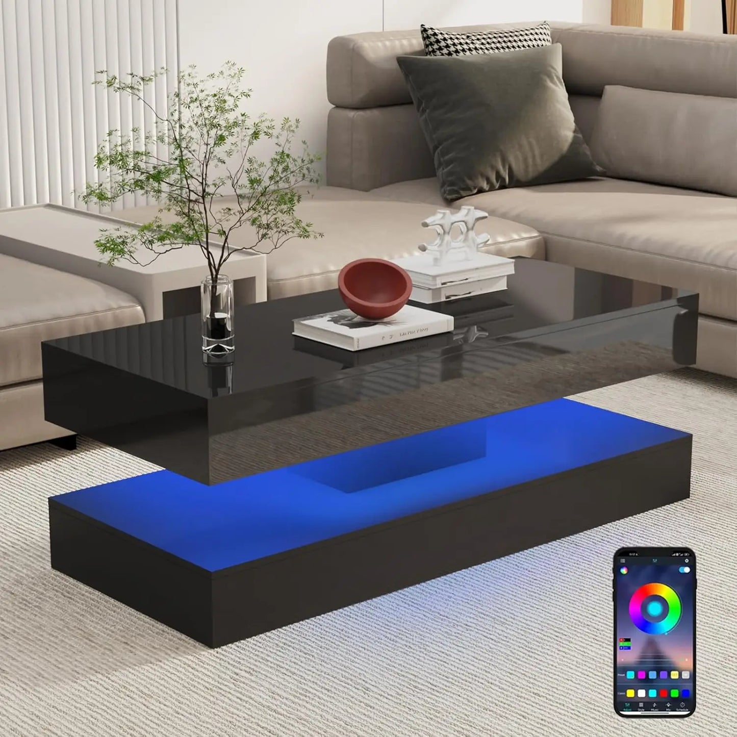 Glossy LED Coffee Table With 2 Drawers Modern Living Room