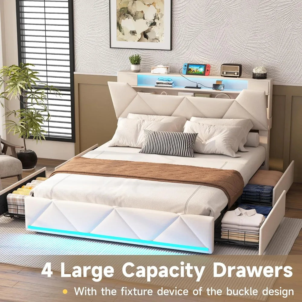 Full Bed Frame With Storage Headboard And Four Drawers