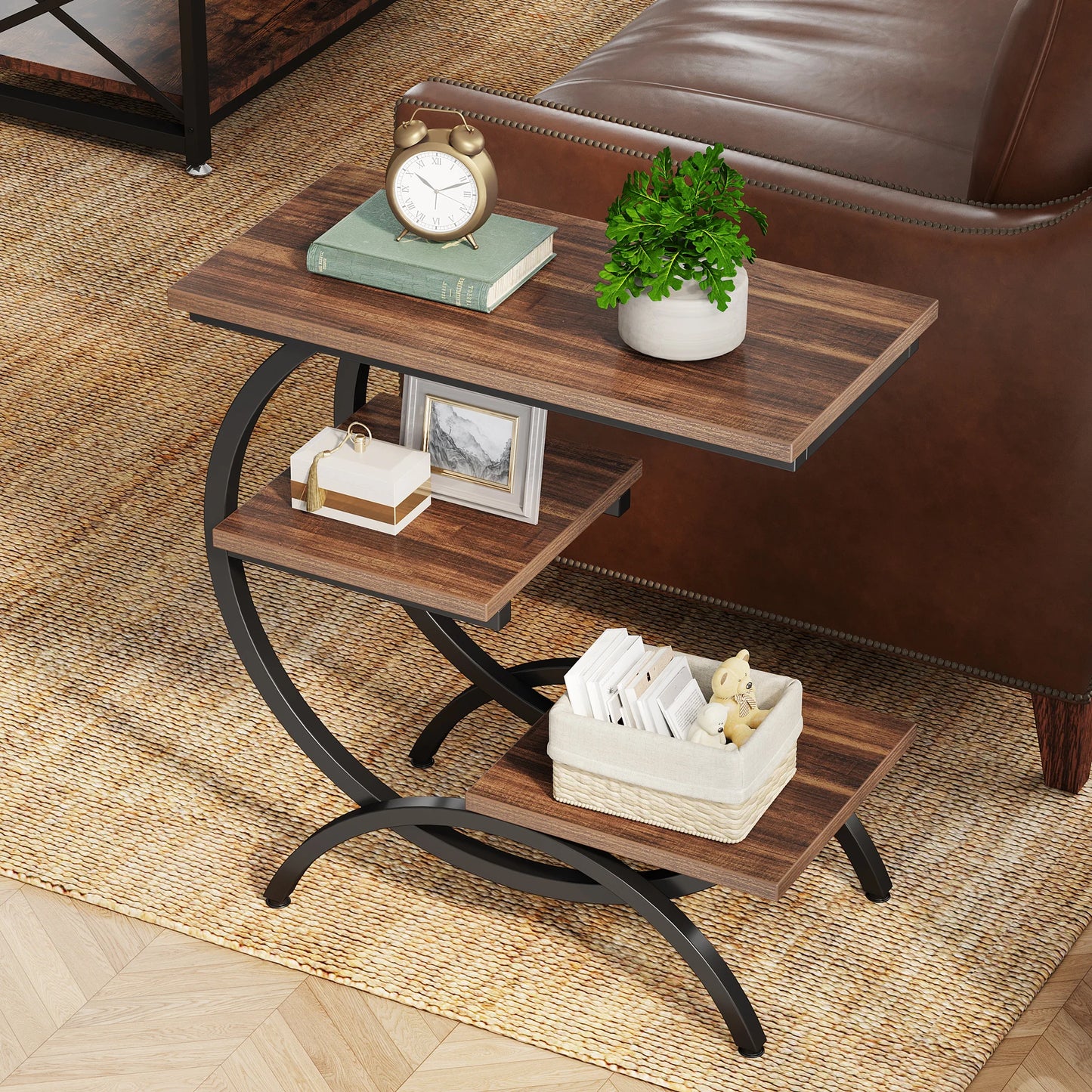 Tribesigns C Shaped End Table With Storage Shelves Industrial Style
