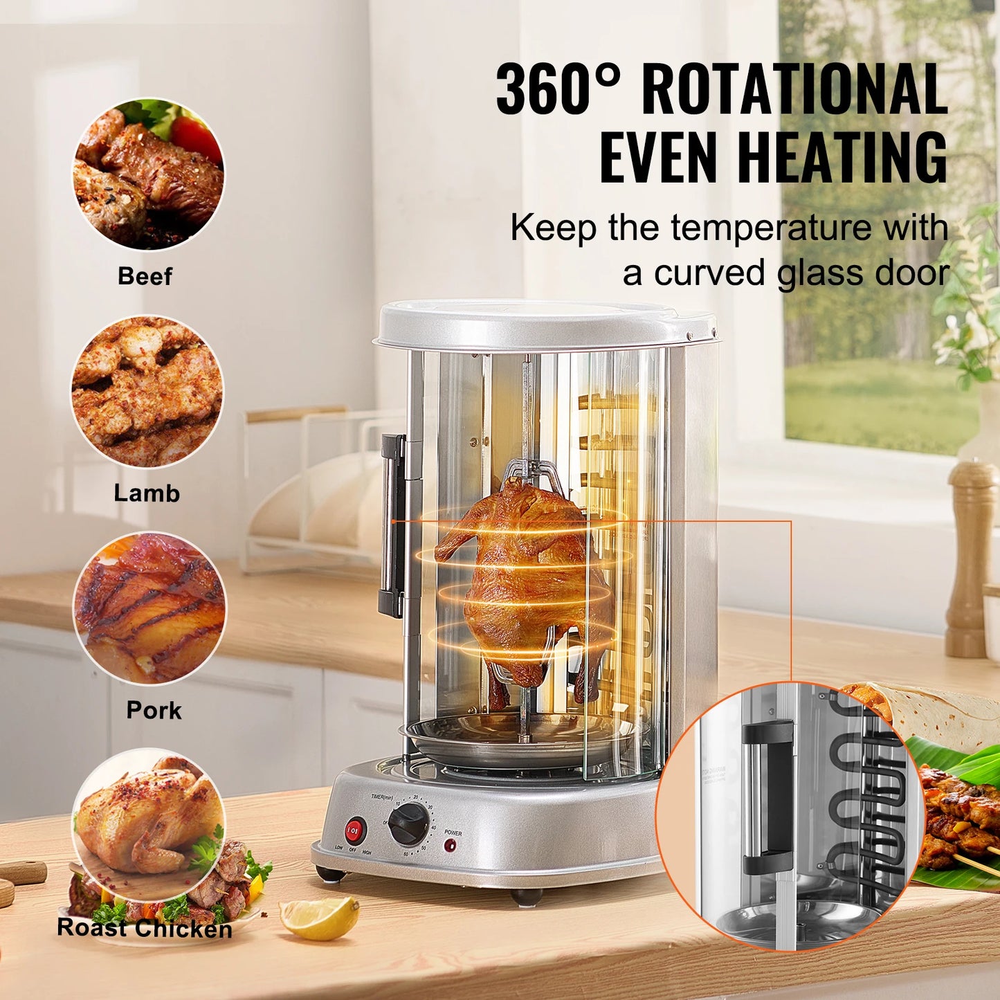 SucceBuy Electric Shawarma Grill Machine 1500W Stainless Steel Rotisserie Gyro Doner Kebab Oven For Home Use