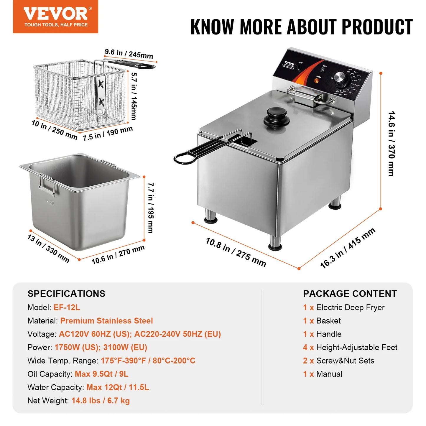 VEVOR Commercial Deep Fryer Electric Countertop 11.6 Qt Stainless Steel With Time And Temperature Control