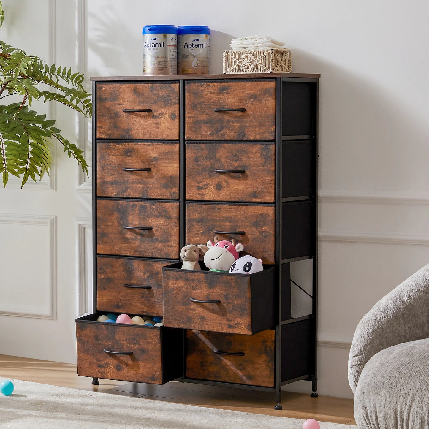 JHK Bedside Table With Fabric Drawers Wardrobe Steel Frame Storage