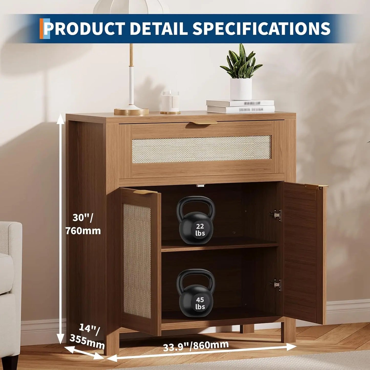 Twister.CK Rattan Sideboard Buffet Cabinet Farmhouse Natural Storage With Drawer And Adjustable Shelf For Living Room