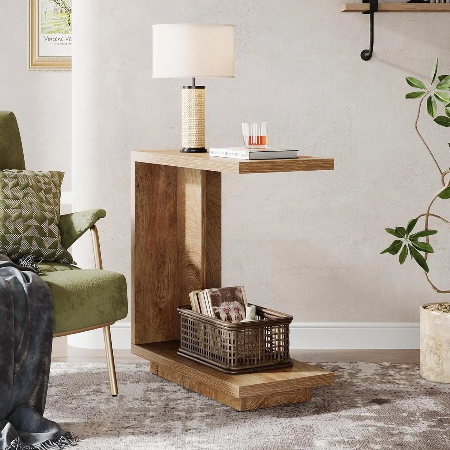 LITTLE TREE C-Shaped Side Table, 2-Tier Pedestal Industrial Sofa End Table