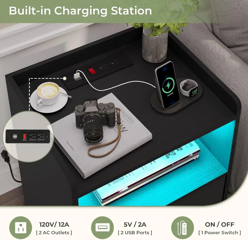 Stand Set of 2 Nightstands With LED Lighting and Charging